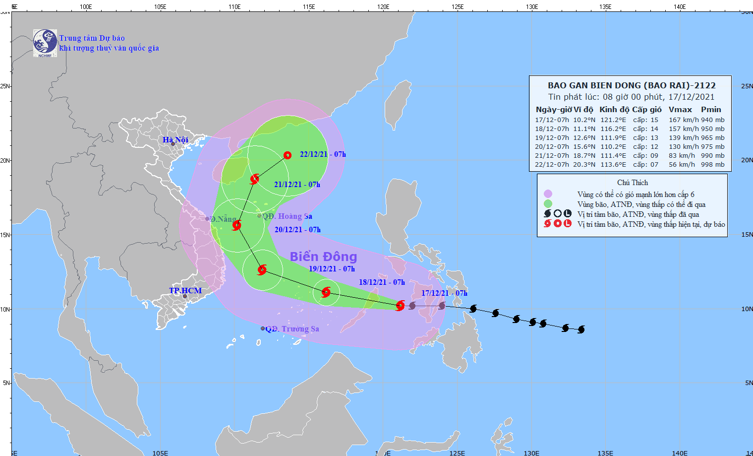 Siêu bão RAI mạnh cấp 15 chiều tối nay (17/12) đi vào Biển Đông