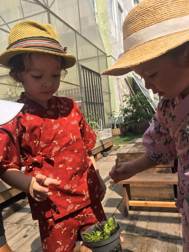 Hai bé Tôm và Tép đáng yêu nhà ca sĩ Hồng Nhung hào hứng thu hoạch thành quả ngày cuối tuần.