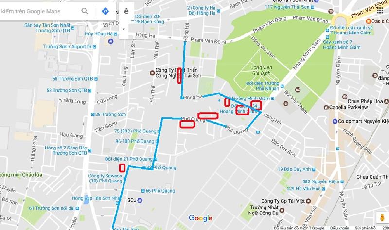 Hai tuyến đường Phổ Quang, Hồng Hà thuộc phường 2 (quận Tân Bình), phường 9 (quận Phú Nhuận) và vị trí các dự án. Ảnh: Google Maps.