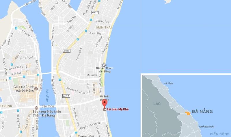 Bãi biển Mỹ Khê (chấm đỏ) và bãi tắm Phạm Văn Đồng (chấm xám) trên bản đồ. Ảnh:Google Maps.