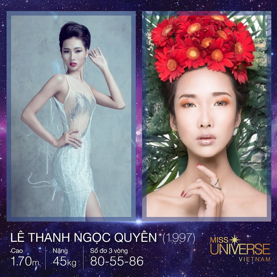 Sở hữu  số đo 80-55- 86, cao 1m70 cùng gương mặt cá tính, ứng viên Lê Thanh Ngọc Quyên đến từ Đà Nẵng là một trong những nhân tố tiềm năng của Hoa hậu Hoàn vũ Việt Nam năm nay.