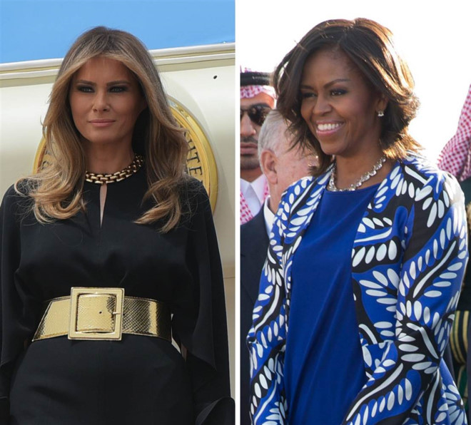 Trang phục của bà Melania Trump và Michelle Obama ở Saudi Arabia năm 2017 và 2015. Ảnh: 