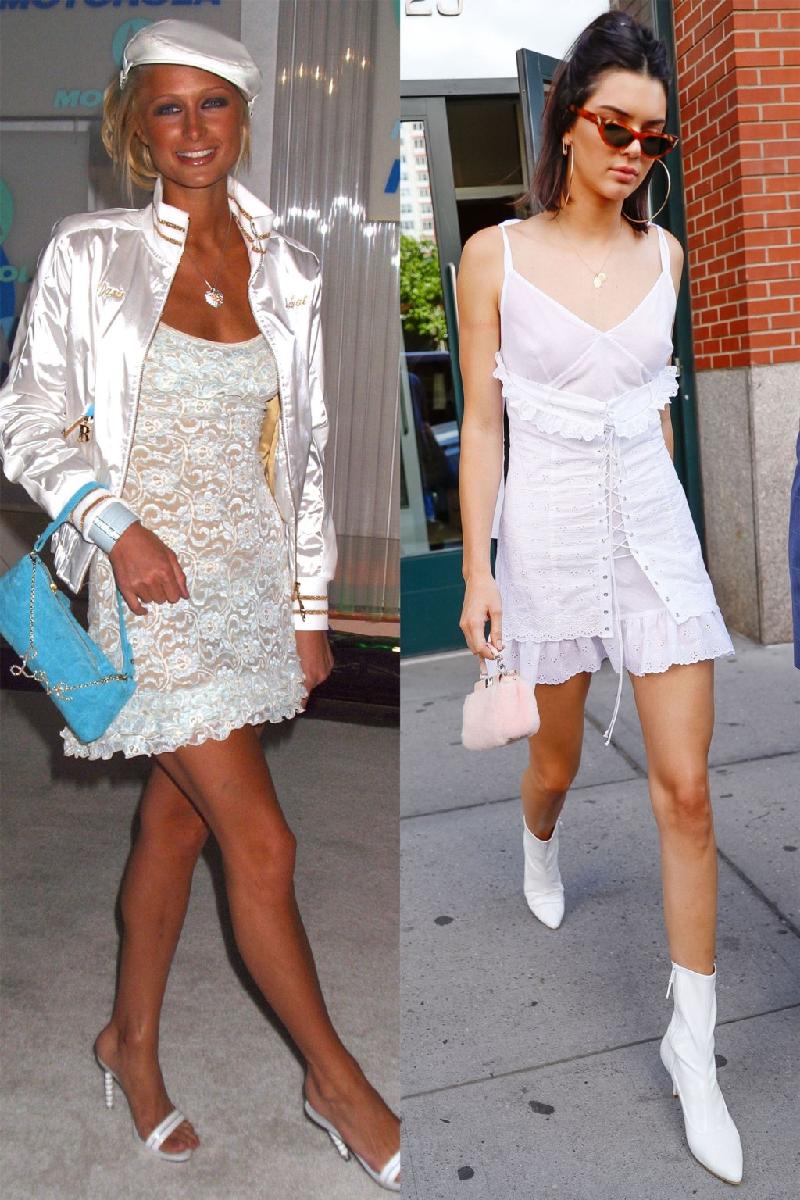 Váy trắng bèo kết hợp clutch lông bé xíu: Mặc dù cách nhau rất nhiều năm nhưng phiên bản hiện đại của Kendall vẫn có những nét tương đồng trong kiểu váy bèo 2 dây kết hợp cùng clutch điệu đà.