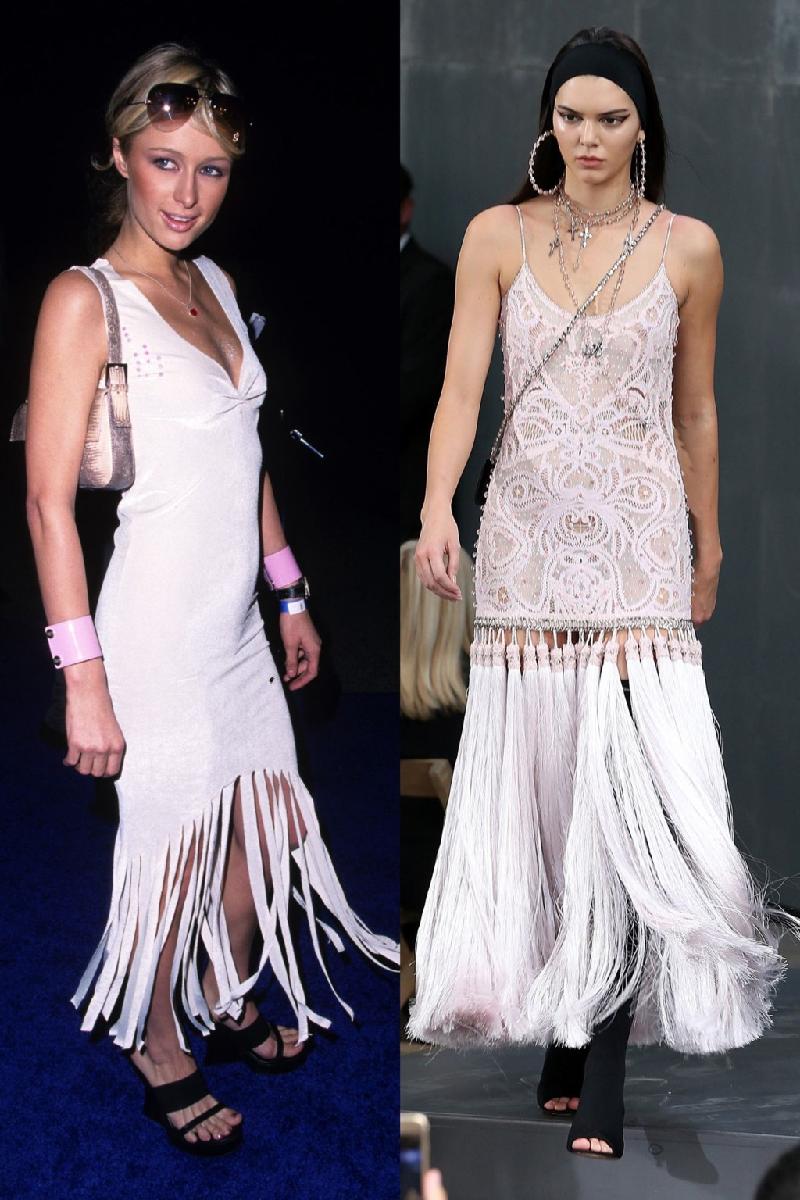 Váy tua rua: Mặc dù khác nhau về chất liệu nhưng Kendall và Paris khiến nhiều người ngạc nhiên về điểm trùng hợp của màu sắc, thiết kế của mẫu váy.