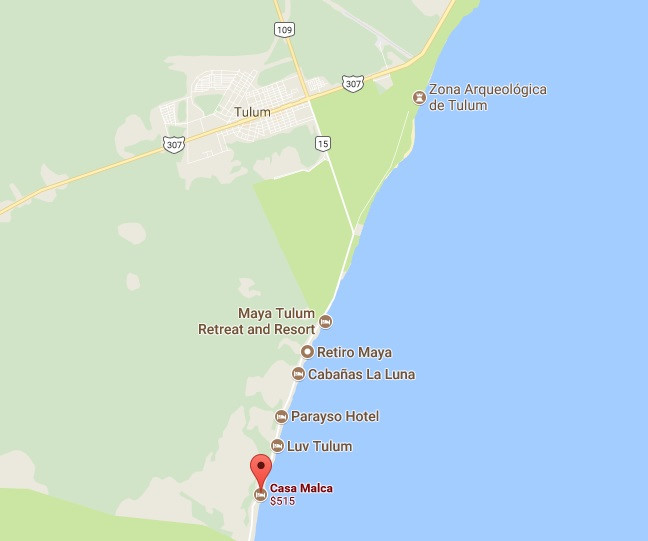 Khách sạn Casa Malca (chấm đỏ trên bản đồ) nằm ở khu vực ven biển có nhiều resort của bang Quintana Roo (Mexico), gần khu khảo cổ có từ thời tiền Columbia. Ảnh: 