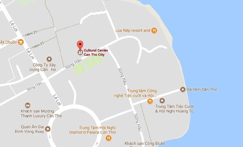 Trung tâm Văn hóa TP Cần Thơ (chấm đỏ) là nơi tổ chức vòng chung kết Hoa khôi Nam Bộ vào đêm 22/7. Ảnh: Google Maps.