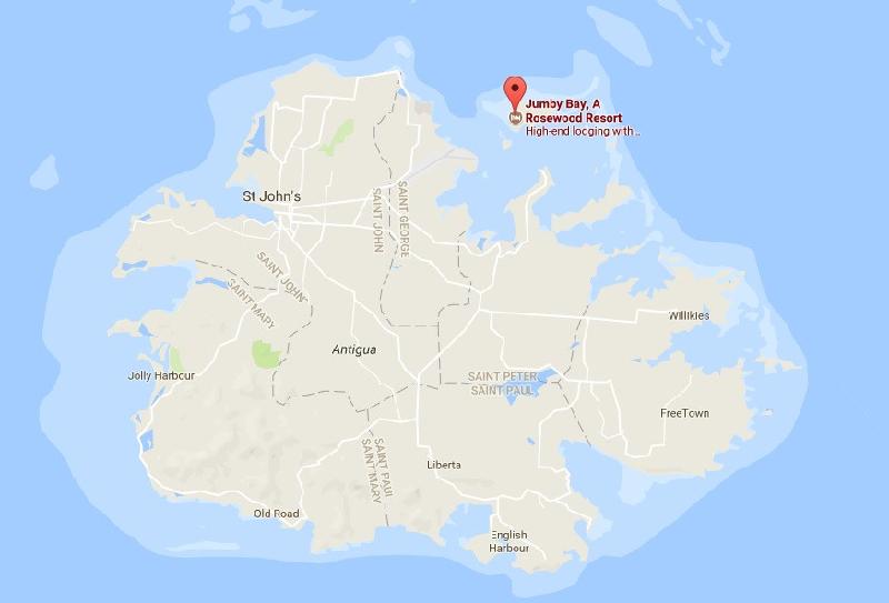 Resort Jumby Bay (chấm đỏ trên bản đồ) nằm trên một hòn đảo riêng tư ở vùng biển Caribbe, chỉ có thể tiếp cận bằng thuyền. Ảnh chụp màn hình.