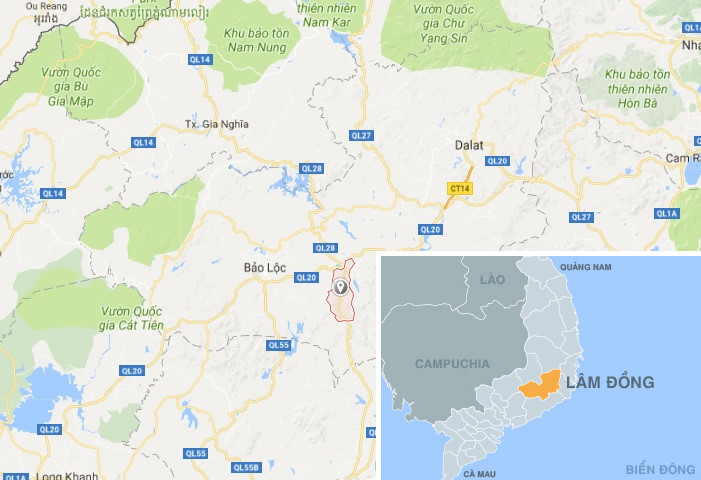 Thác Lilang nằm ở xã Grung Ré (khoanh đỏ trên bản đồ), huyện Di Linh, Lâm Đồng. 