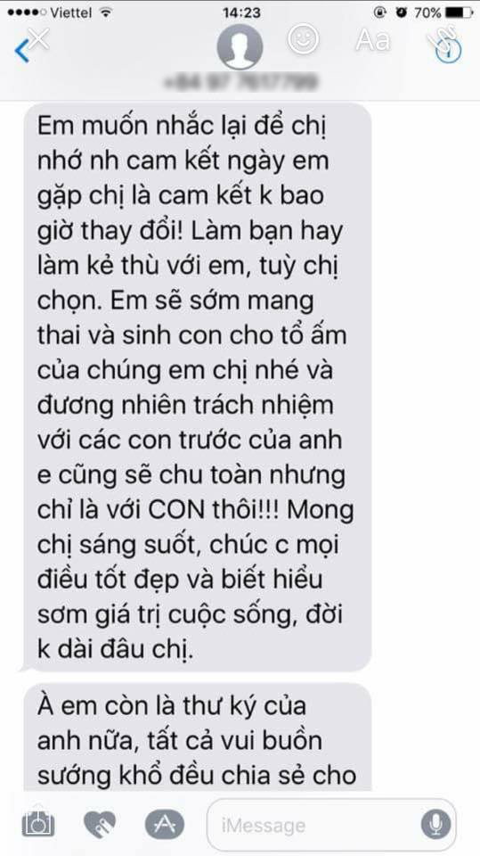 Đoạn tin nhắn được cho là của Vy Oanh gửi cho người phụ nữ tên Vân - vợ cũ doanh nhân Lê Thiện.