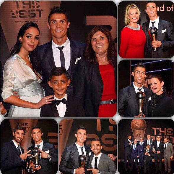 Ronaldo công khai yêu Georgina từ lễ trao giải Quả bóng vàng 2016. Đây là hình ảnh anh cùng người thân ở gala tôn vinh The Best của FIFA