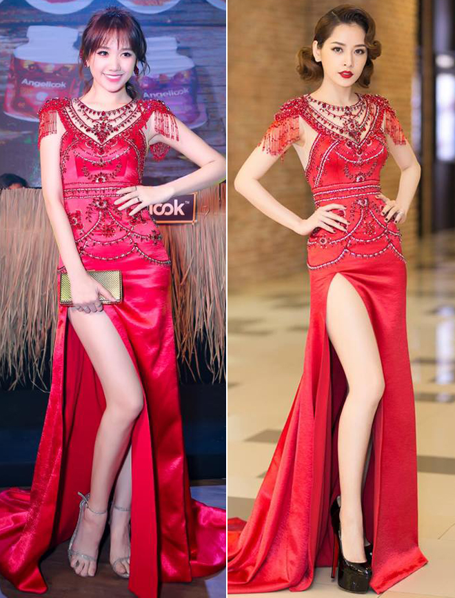 Chiếc đầm đỏ xẻ cao giúp Hari Won và Chi Pu khoe vóc dáng và làn da trắng sứ tại sự kiện.