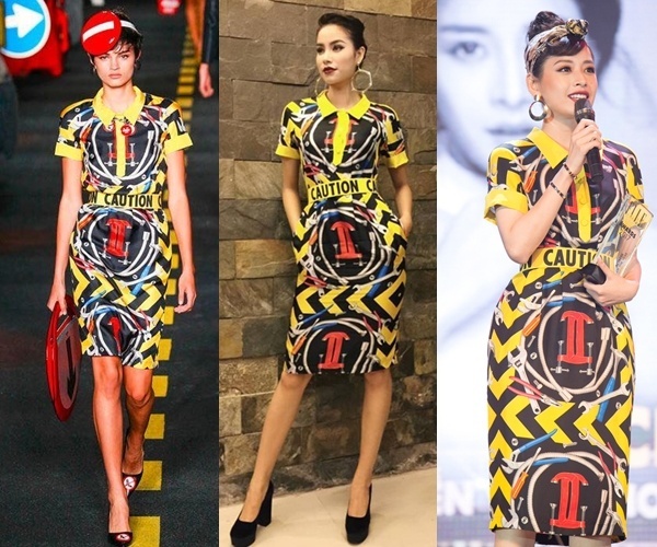Chi Pu đã mạnh tay đầu tư cả cây đồ hiệu đi event và có màn “chạm trán” với Phạm Hương bởi đây là trang phục mà Hoa hậu Hoàn vũ đã mặc khi ghi hình The Face 2016. Có thể nói cả hai đều “một chín một mười” khi diện cùng item.