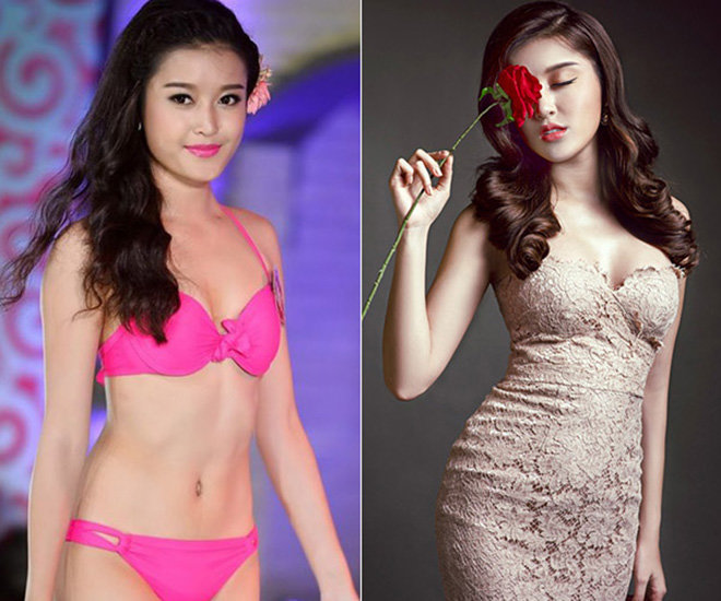 Hoa hậu Việt Nam 2014, Huyền My có vòng 1 khá nhỏ nhắn. Theo thời gian, vóc dáng của người đẹp vẫn thanh tao nhưng ngực thì nảy nở đáng kể.